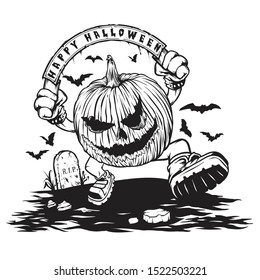 Scary Halloween Pumpkin Head with outline shape