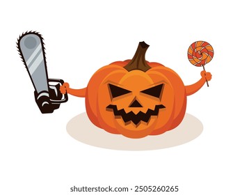 Scary halloween pumpkin holding chainsaw and a lollipop in her hands vector illustration. Spooky halloween pumpkin with chainsaw and candy icon vector isolated on a white background