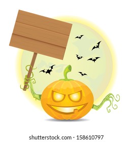 scary Halloween Pumpkin holding wood blank sign for text isolated on white background. Scary Jack. Vector illustration