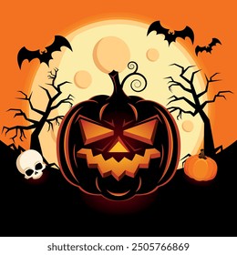 Scary Halloween pumpkin Jack O Lantern in a night landscape vector illustration. Glowing Halloween pumpkin in a dark spooky landscape. Halloween background with pumpkin, full moon, bats and trees