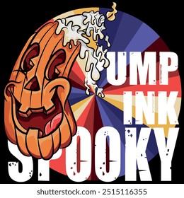 Scary Halloween pumpkin Jack O Lantern in a night landscape vector illustration. Glowing Halloween pumpkin in a dark spooky landscape. Halloween background with pumpkin, full moon, bats and trees