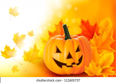 Scary Halloween pumpkin with leaves. Vector.