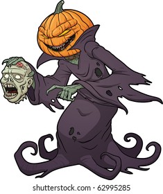 Scary Halloween pumpkin monster holding a severed zombie head. Vector illustration with simple gradients.