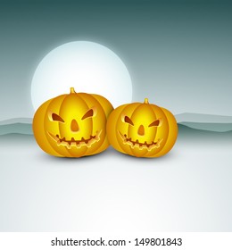 Scary Halloween Pumpkin in moonlight sky background. Can be use as poster, flyer or banner for Halloween Party. 