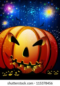 Scary Halloween pumpkin on shiny explosion background. EPS 10.