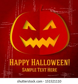 Scary halloween pumpkin with red eyes and smile cut out from the craft paper, with grunge and scratches. With halloween greeting and place for your text. vector
