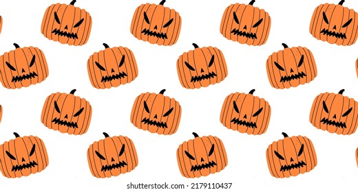 Scary halloween pumpkin seamless pattern. Creepy orange jack o lantern cartoon doodle background for october season concept.