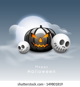 Scary Halloween Pumpkin with skull in moonlight sky background. Can be use as poster, flyer or banner for Halloween Party. 