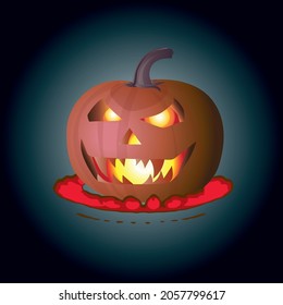Scary Halloween pumpkin smile with fire burning inside on a ring of little flames on a dark blue background. Halloween pumpkin with eyes glowing scary inside.
