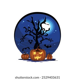 Scary halloween pumpkin in tree with full moon illustration