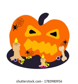 scary halloween pumpkin, trick or treating witches day, candles, spiders and bones, elements isolated on white background, flat design vector illustration