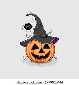 Scary Halloween pumpkin wearing a witch hat on white background. Happy Halloween festival concept vector illustration