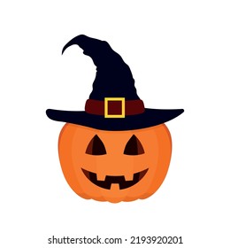 scary Halloween pumpkin wearing a witch hat on white background, Happy Halloween decoration element, vector illustration