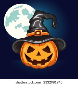 Scary Halloween pumpkin wearing a witch hat, Happy Halloween concept. Pumpkin cartoon style character