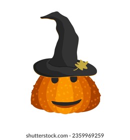 Scary Halloween pumpkin wearing a witch hat isolated on white background, Happy Halloween decoration element, vector illustration.