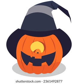 scary Halloween pumpkin wearing a witch hat on white background, Happy Halloween decoration element, vector illustration