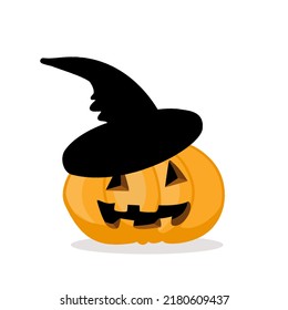 Scary Halloween pumpkin in witch hat. Halloween design element. 