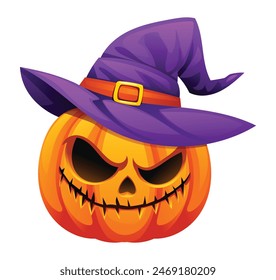 Scary halloween pumpkin with witch hat. Vector cartoon character illustration