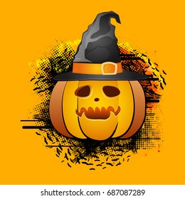 Scary Halloween Pumpkin in witch hat on abstract halftone dotted background.