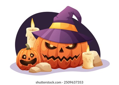 Scary Halloween pumpkins with candles. Glowing pumpkins, composition for the Day of the Dead. Vector illustration