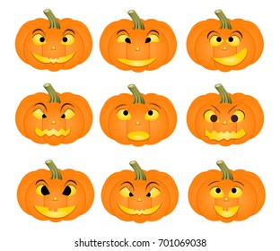 Scary Halloween pumpkins collection. Emotion variation. Vector illustration isolated on whit background.