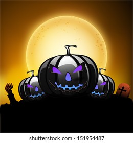 Scary Halloween pumpkins on moonlight background, can be use as flyer, banner or poster for night parties.