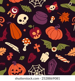 Scary Halloween pumpkins, skulls, ghosts on endless background. Repeatable pattern of witch hats, cauldron, spooky bats for Helloween party. Magic holiday decoration. Flat seamless vector illustration