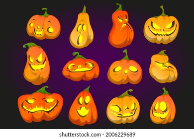 Scary Halloween pumpkins with spooky smile and yellow glow. Vector cartoon set of traditional autumn lantern from orange pumpkin with evil face and light inside