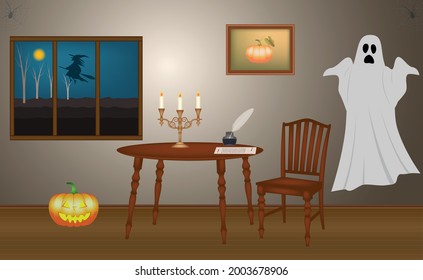 Scary Halloween room with ghost, pumpkin and witch flying, vector illustration