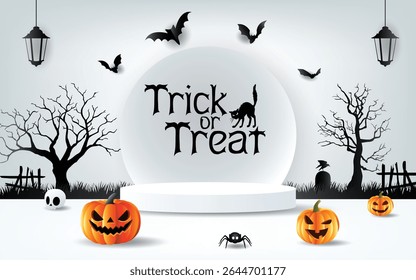 Scary Halloween scene with pumpkins, bats, spooky trees, and podium. Perfect for party, banner, or seasonal promotion.