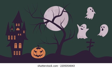 scary halloween scenery with hiunted house and grave