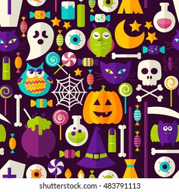 Scary Halloween Seamless Background. Vector Illustration of Holiday Flat Style Tile Pattern. Trick or Treat.