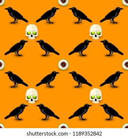 Scary Halloween seamless pattern with skull black raven and human eye on orange background vector illustration