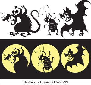 Scary Halloween Set Of Angry Rat, Bat And Cockroach Silhouette Shadows. Two Types - Silhouette And Shadow In Light Beam.