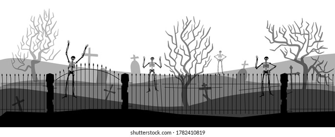 scary halloween silhouette background with skeletons, graveyard, crosses and gravestones. Panoramic vector illustration of a cemetery.