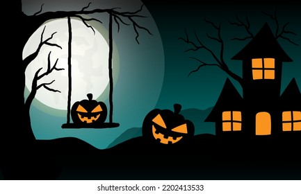 Scary Halloween Silhouette Banner. Halloween Night Scene Background.