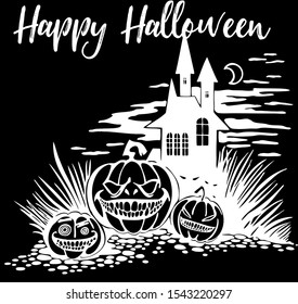 Scary Halloween silhouette with the black background, witch elements, creepy for decoration, sketches, icons, stickers. Vector illustration of a hand-drawn.
