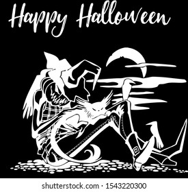 Scary Halloween silhouette with the black background, witch elements, creepy for decoration, sketches, icons, stickers. Vector illustration of a hand-drawn.