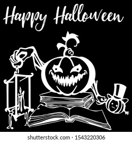 Scary Halloween silhouette with the black background, witch elements, creepy for decoration, sketches, icons, stickers. Vector illustration of a hand-drawn.