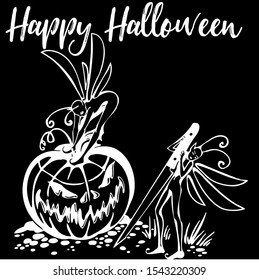 Scary Halloween silhouette with the black background, witch elements, creepy for decoration, sketches, icons, stickers. Vector illustration of a hand-drawn.