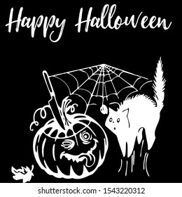 Scary Halloween silhouette with the black background, witch elements, creepy for decoration, sketches, icons, stickers. Vector illustration of a hand-drawn.
