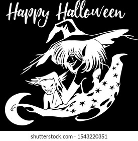 Scary Halloween silhouette with the black background, witch elements, creepy for decoration, sketches, icons, stickers. Vector illustration of a hand-drawn.