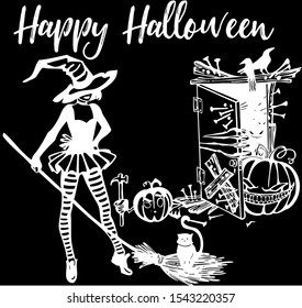 Scary Halloween silhouette with the black background, witch elements, creepy for decoration, sketches, icons, stickers. Vector illustration of a hand-drawn.