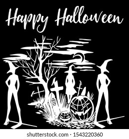 Scary Halloween silhouette with the black background, witch elements, creepy for decoration, sketches, icons, stickers. Vector illustration of a hand-drawn.