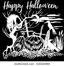 Scary Halloween silhouette with the black background, witch elements, creepy for decoration, sketches, icons, stickers. Vector illustration of a hand-drawn.