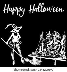 Scary Halloween silhouette with the black background, witch elements, creepy for decoration, sketches, icons, stickers. Vector illustration of a hand-drawn.