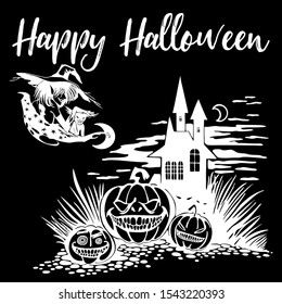 Scary Halloween silhouette with the black background, witch elements, creepy for decoration, sketches, icons, stickers. Vector illustration of a hand-drawn.