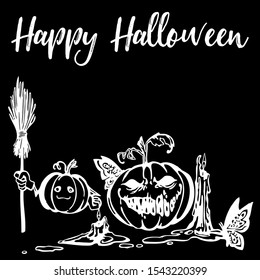 Scary Halloween silhouette with the black background, witch elements, creepy for decoration, sketches, icons, stickers. Vector illustration of a hand-drawn.