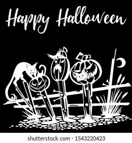 Scary Halloween silhouette with the black background, witch elements, creepy for decoration, sketches, icons, stickers. Vector illustration of a hand-drawn.