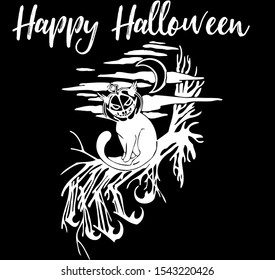 Scary Halloween silhouette with the black background, witch elements, creepy for decoration, sketches, icons, stickers. Vector illustration of a hand-drawn.